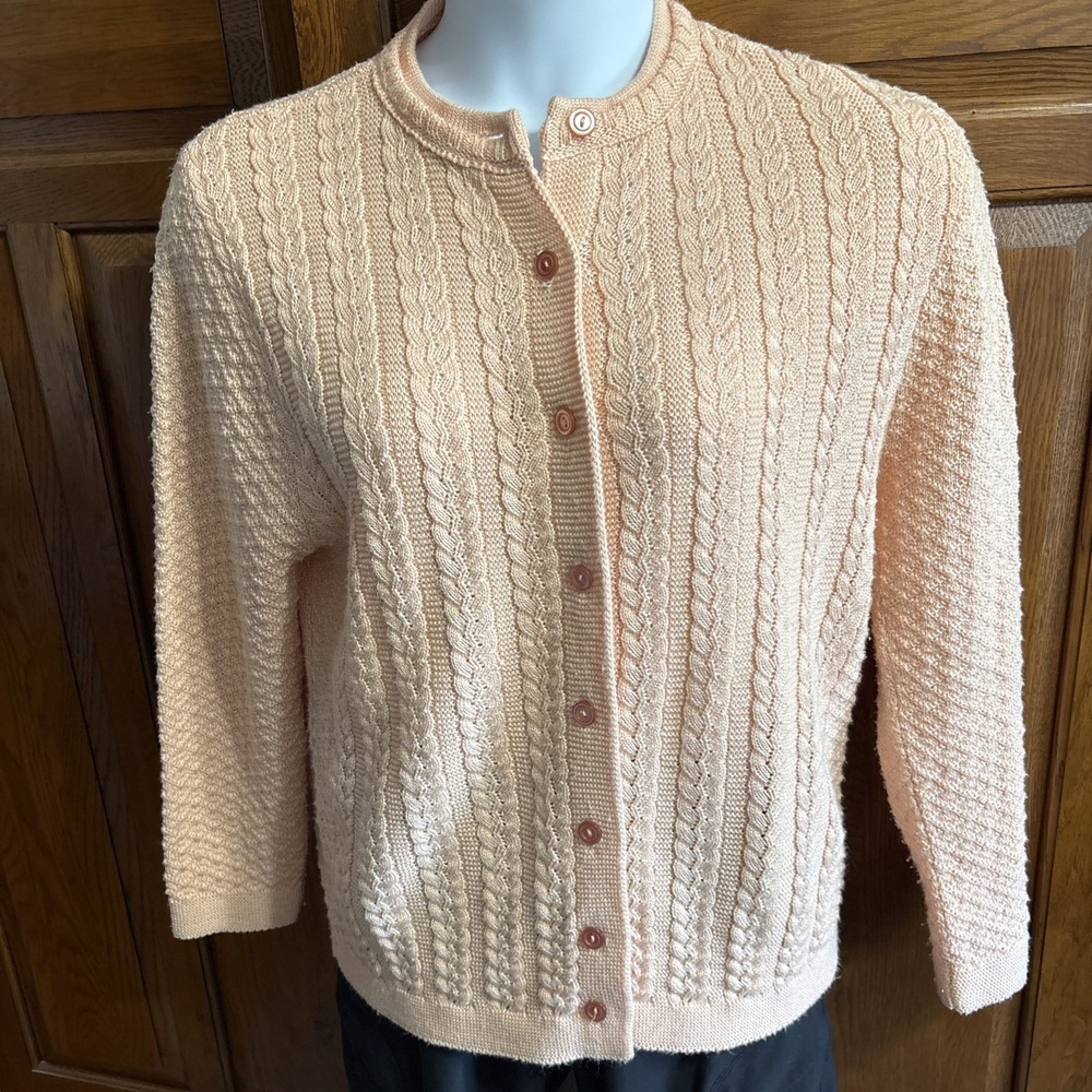 VTG Cuddle Knit Sz Large L Sweater Cardigan Peach Pink Button Up Cable Knit